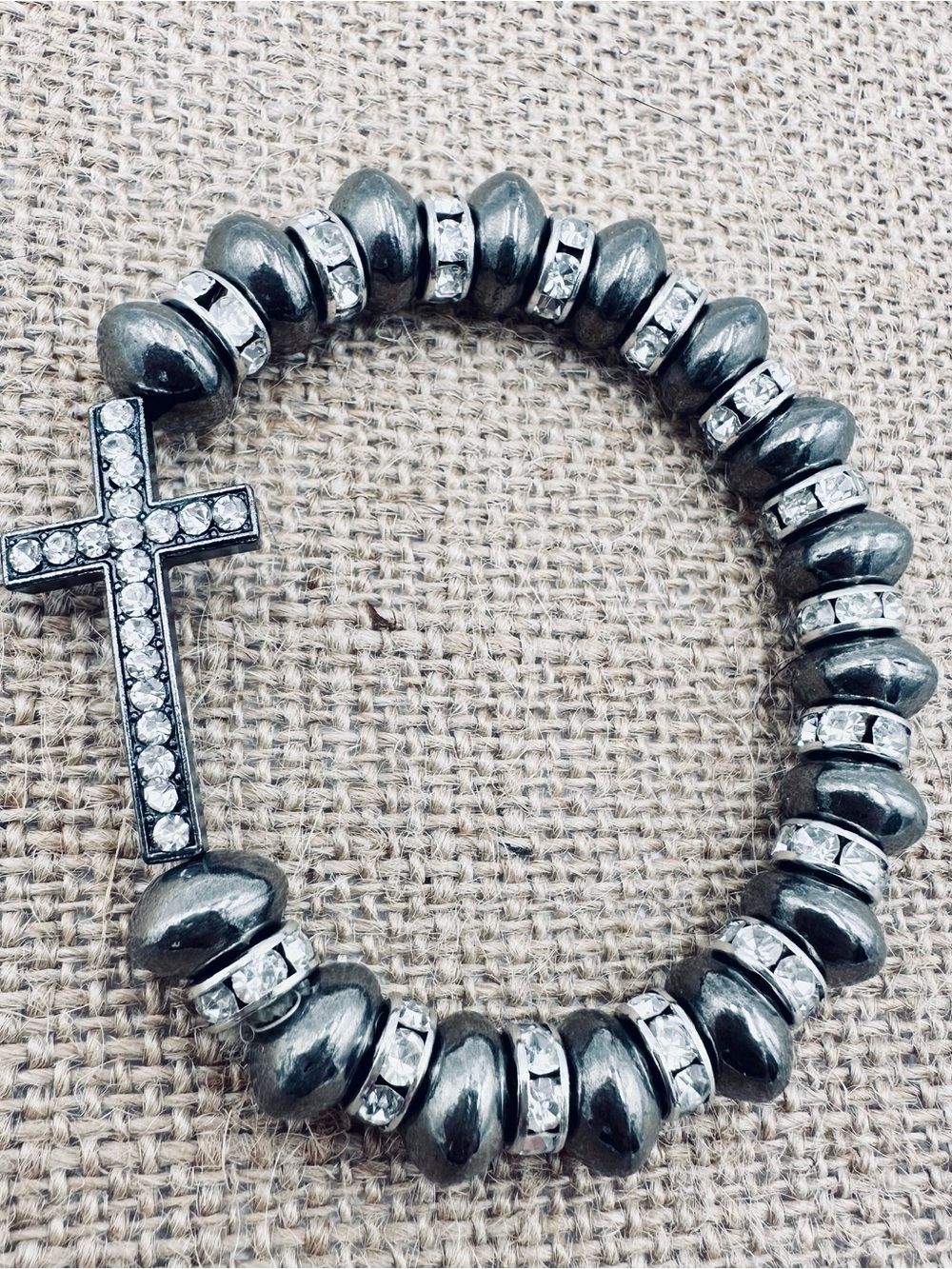 🌼 Gun metal Sideways Christian Cross Beaded Stretch Bracelet